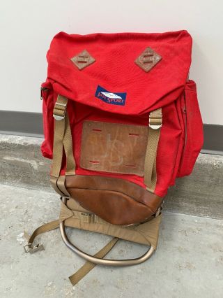 Vintage Rare Red Jansport Hiking Backpack Ruck Hiking Camping Leather Bottom