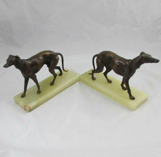 Vintage Art Deco Bronzed Borzoi Dog Bookends Marble Base 9 " By 7 "
