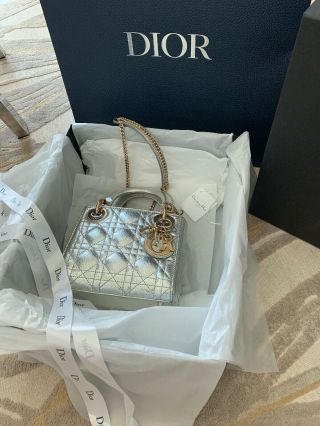Authentic Lady Dior Handbag Metallic Silver Chain Small Mini Rare