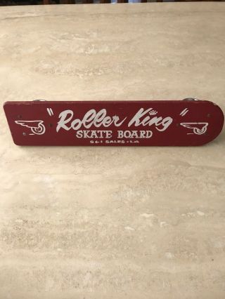 Vintage Wooden 1960s Red “roller King“ Skateboard Graphic Steel Wheels Very Rare