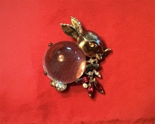 1940’s Crown Trifari Sterling Silver & Lucite Carbachon Jelly Belly Rabbit Pin