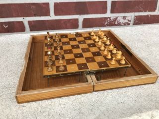 Antique Vintage Folk Art Wooden Chess Game Hand Made In Romania Portable Box