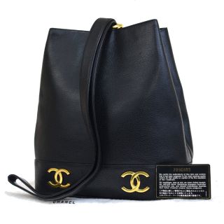 Authentic Chanel Cc Logo Shoulder Bag Caviar Skin Leather Black Vintage 51l927