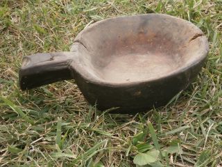 Antique Primitive Wooden Paddle Spoon With Handle And Dark Patina