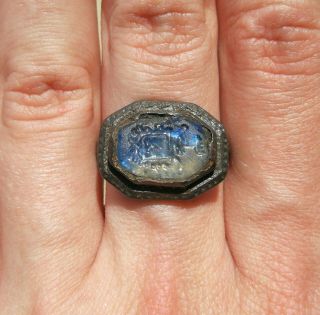 Ancient Viking Old Bronze Ring With Blue - White Glass Very Rare