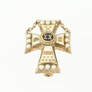 Sigma Chi Cross Badge 14k Yellow Gold Pearls Vintage Fraternity Pin Greek 1923