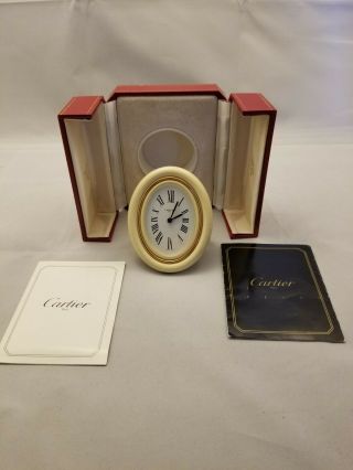 Vintage Swiss Must De Cartier Paris Travel Alarm Clock Cream Color,  Orig Box