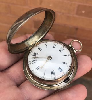 A EARLY ANTIQUE SOLID SILVER PAIR CASED VERGE / FUSEE POCKET WATCH,  1775 7