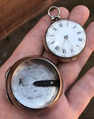 A EARLY ANTIQUE SOLID SILVER PAIR CASED VERGE / FUSEE POCKET WATCH,  1775 9