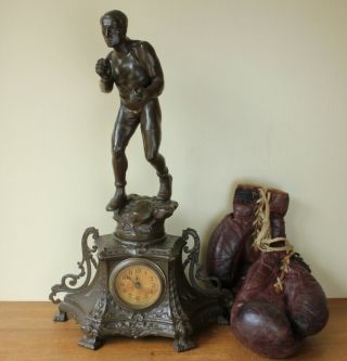 Antique French Boxer Figure Clock.  Boxing Statue Bare Knuckle Fighter Pugilist