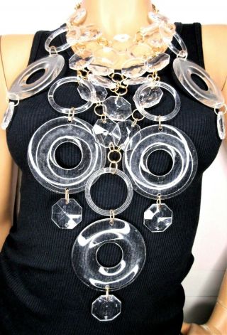 French Designer Oversized Crystal Clear Lucite Rings Runway Necklace