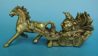 Chinese Old Pure Copper Hand - Carved Horse Pull A Cart Cabbage Cicada Statue E02