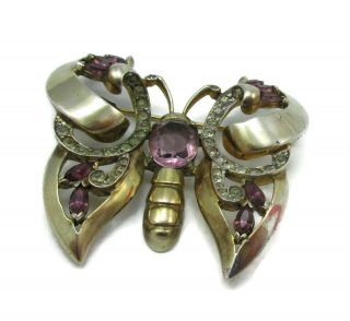 Vintage Mazer Sterling Silver Brooch With Silver Purple Rhinestones Butterfly