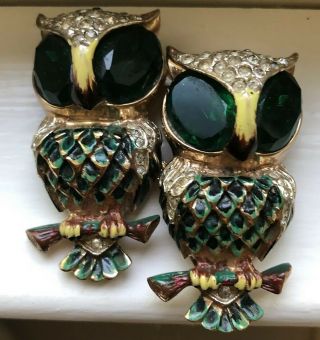 Vintage Coro Duette Owls Green Stone,  Enamel Fur Clip Pin Brooch