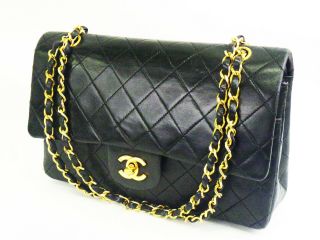 100 Auth Chanel Flap Bag Chain 2.  55 Black Gold Vintage Classic Quilted 25cm