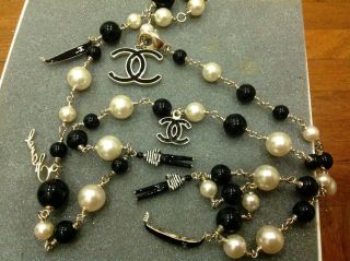 RARE CHANEL 2010 Paris - Venice Cruise Long Necklace Charms Black Gold Pearl Coco 3