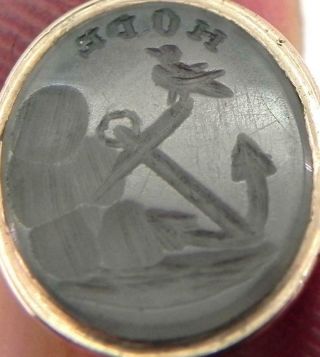 Antique Gold Metal Wax Seal Fob,  Carved Intaglio Of Anchor,  Hope.