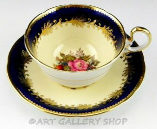 Vintage Aynsley England Cobalt Blue Gold Flowers Cup & Saucer Signed J A Bailey