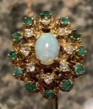1960’s 14k Yellow Gold Natural Opal Emerald Diamond Ring 8.  7 Grams Size 7