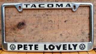 VTG 60s Metal Dealer License Plate Frame Pete Lovely Volkswagen VW Tacoma Sticke 2