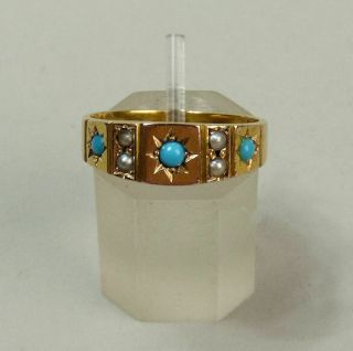 Victorian Antique 15 Ct Gold Turquoise & Seed Pearl Ring Size Q - 3.  7 G Birm.  1887