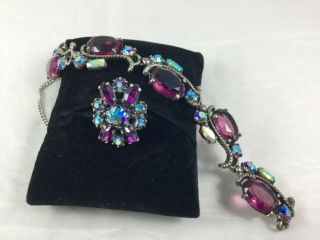 Vintage Elsa Schiaparelli Bracelet & Ring Set With Large Purple & Ab Stones