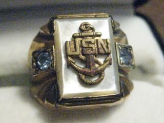 Vintage U.  S.  Navy Mother Of Pearl Gold Filled Ring - Size 8 3/4