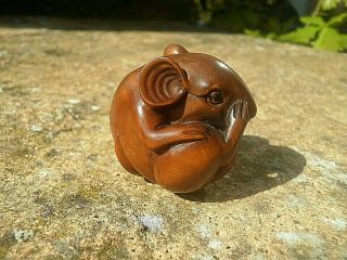 Hand Carved Wood Netsuke Mouse Or Rat Curled Up Collectable Boxwood Figure.  1