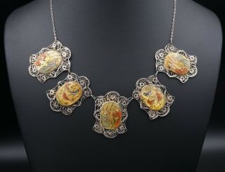 Vintage Persian Sterling Silver Mop Hand Painted Panel Link Necklace 17 " Ns1489