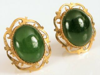 Vintage 14k Yellow Gold Fine Green Jade Stud Earrings Oriental Ornate Border
