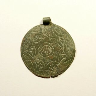 Great Viking Era Bronze Pendant Amulet With Runic Symbols - Wearable