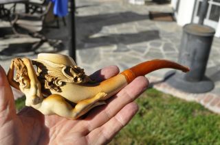 Antique Carved Nude Figural Meerschaum Pipe With Amber Mouthpiece & Half Case