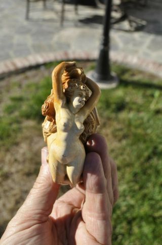 Antique Carved Nude Figural Meerschaum Pipe with amber mouthpiece & half case 2
