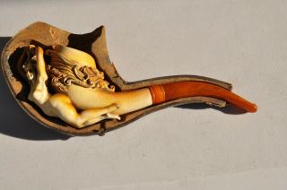 Antique Carved Nude Figural Meerschaum Pipe with amber mouthpiece & half case 4