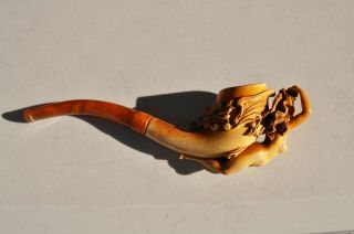 Antique Carved Nude Figural Meerschaum Pipe with amber mouthpiece & half case 5