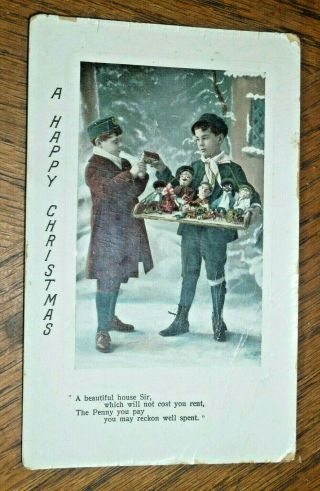 C1910 Rppc Christmas Real Photo Post Card With Boys & Tray Of Penny Toys