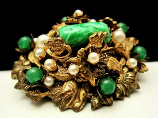 Rare Vintage 2 " Signed Miriam Haskell Ornate Faux Jade Pearl Brooch Pin A44