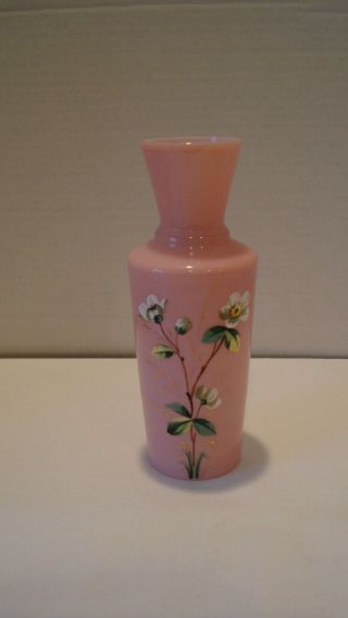 Antique Victorian Bristol Glass Pink Cased 7 " Vase Delicate Enameled Flowers