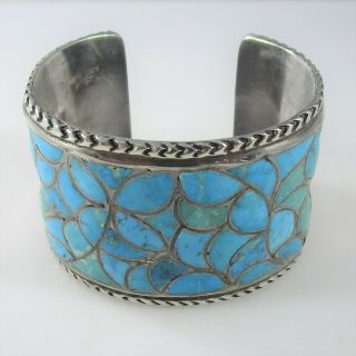 Southwest Native Turquoise Wide Cuff Bracelet Vintage Sterling Silver 100g 6.  25 "