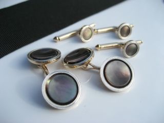 Antique Art Deco Larter & Sons 14k Gold Mop Grey Pearl Cufflinks Stud Formal Set