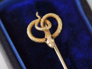 Antique Art Nouveau 14k Solid Gold Snake Stick Pin W Garnet Eyes