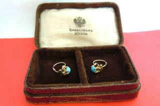 Old Russian 56 Gold Earrings With Turquoise Stone Faberge Quality 19century