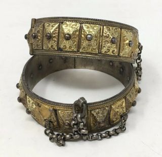 Antique Hinged Cuff Bangles Vtg Ethnic Tribal Tibetan Silver Brass Bracelet x 2 10