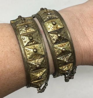 Antique Hinged Cuff Bangles Vtg Ethnic Tribal Tibetan Silver Brass Bracelet X 2