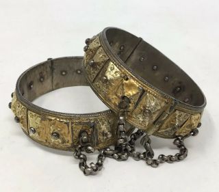 Antique Hinged Cuff Bangles Vtg Ethnic Tribal Tibetan Silver Brass Bracelet x 2 4