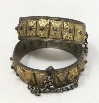 Antique Hinged Cuff Bangles Vtg Ethnic Tribal Tibetan Silver Brass Bracelet x 2 6