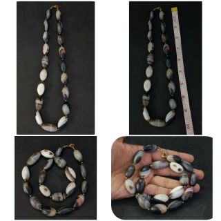 Wonderful Banded Black Agate Stone With Brass Beads Old Necklace B654