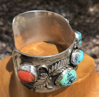 Sterling Silver Navajo Turquoise Coral Cuff Native Vintage 925 4