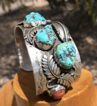 Sterling Silver Navajo Turquoise Coral Cuff Native Vintage 925 6