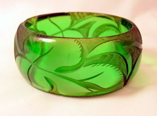 Vintage Transparent Emerald Deeply Carved Wide Bakelite Bangle Bracelet